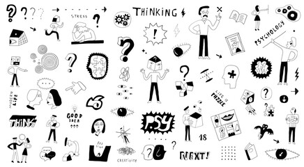 thinking , psychology - doodle set  , hand drawn characters ,design elements in sketch style
