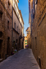 Obraz premium Pienza, Italy, 15 April 2022: medieval street in the center
