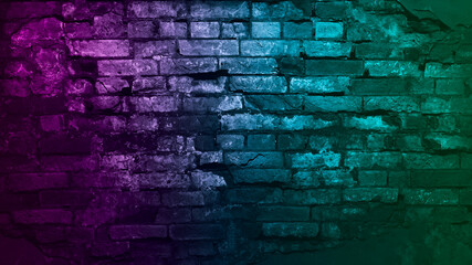 Toned brick wall. Blue purple magenta teal green rough surface. Color gradient. Colorful background with space for design. Dark. Grunge backdrop. Broken, cracked, damaged collapse, ruins.
