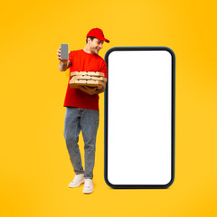 Deliveryman Near Huge Cellphone Holding Pizza Showing Phone In Studio