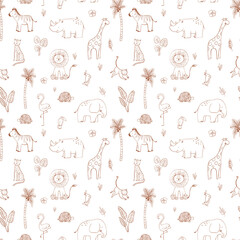 Beautiful seamless baby pattern with cute hand drawn safari elephant lion giraffe toucan zebra monkey flamingo rhino parrot snake jaguar animals. Stock illustration.