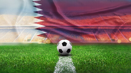textured soccer game field with a soccer ball on the line in Qatar - center, midfield
