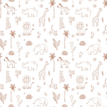 Beautiful seamless baby pattern with cute hand drawn safari elephant lion giraffe toucan zebra monkey flamingo rhino parrot snake jaguar animals. Stock illustration.