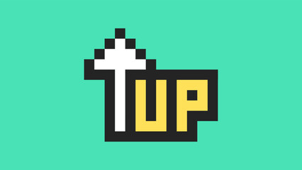 The inscription "up" with an up arrow. Pixel art. Game symbol