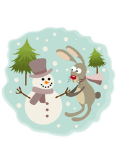 Cute winter illustration with rabbit and snowman