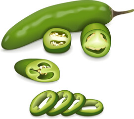 Whole, quarter, slices, and wedges of green serrano Chile pepper