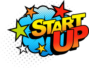 Start up comic burst cloud halftone chat bubble