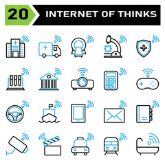 Internet of things icon set include hospital, clinic, internet of things, ambulance, car, tomography, microscope, virus, shield, protection, tube, test, building, bank, projector, calculator, console
