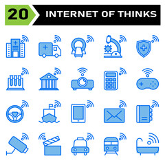 Internet of things icon set include hospital, clinic, internet of things, ambulance, car, tomography, microscope, virus, shield, protection, tube, test, building, bank, projector, calculator, console