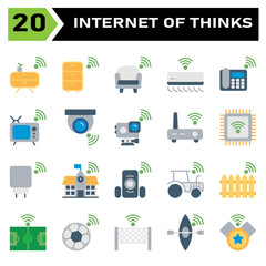 Internet of things icon set include cabinet, furniture, internet of things, sofa, couch, air conditioner, telephone, television, camera, action camera, router, processor, charger, port,school,building