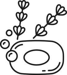 Lavender soap bar. Herbal flowers, bubbles outline