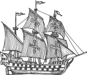 Retro corsair war ship sailing on sea ocean waves © Vector Tradition