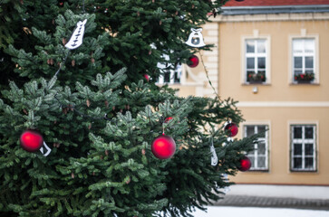 A Christmas tree with red balloons near the City Hall in a small Czech town.