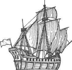 Vintage pirate ship sailboat with sailings, mast