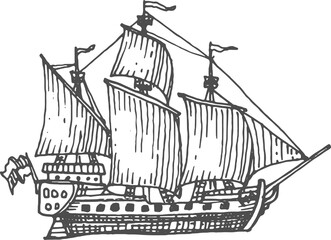 Sailboat old vessel icon, vintage pirate sail ship