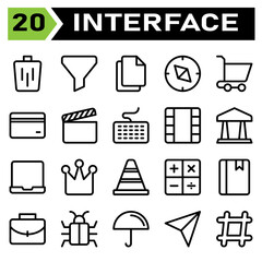 User interface icon set include bin, trash, basket, delete, remove, funnel, sort, filter, user interface, file, duplicate, paste, paper, copy, compass, direction, navigate, navigation, trolley, buy