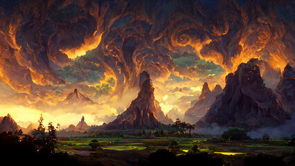 Dramatic high fantasy mountain landscape with surreal clouds. Fictional environment concept art for video games.