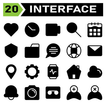 User interface icon set include love, heart, favorite, like, user interface, clock, time, hour, stopwatch, movie, film, video, play, multimedia, find, search, zoom, calendar, date, schedule, shield