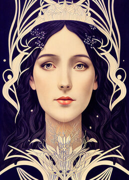 Art Nouveau Inspired Portrait Of A Woman With Pale Skin And Purple Hair Wearing An Ornate Crown And Jewelry. 