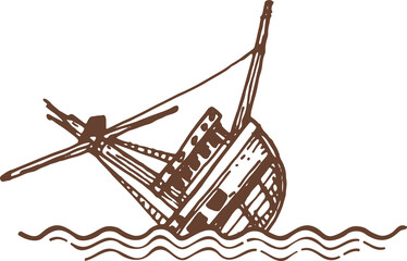 Broken sunken ship with wooden mast in ocean water