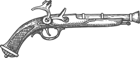 Pirate musket gun rifle, retro revolver isolated