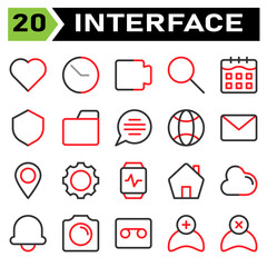 User interface icon set include love, heart, favorite, like, user interface, clock, time, hour, stopwatch, movie, film, video, play, multimedia, find, search, zoom, calendar, date, schedule, shield