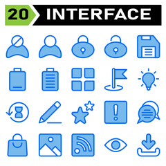 Fototapeta na wymiar User interface icon set include block, user, avatar, user interface, padlock, lock, protection, unlock, save, drive, floppy disk, empty, low, battery, full, menu, app, flag, flags, pin
