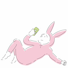 スマホをみながらだらだらしているウサギの着ぐるみを着用した人