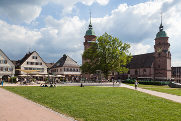 The Lower market square with the city church and children playground in Freudenstadt, Black Forest, Baden-Wurttemberg, Germany, Europe