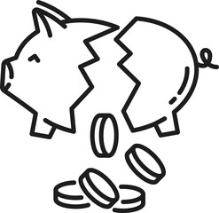 Broken piggy money bank with coin isolated icon