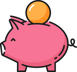 Pink pig bank with coin isolated flat line icon