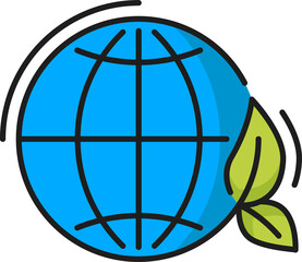Eco world planet, blue globe and green leaf icon