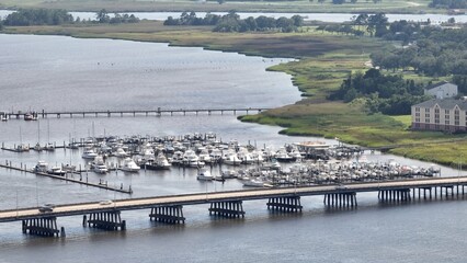 Marina with boats docked in Winyah Bay in Georgetown, SC