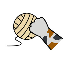 Cat paw hold skein of woolen threads. Playful pet. Activity and fun of animal. Hand caught ball. Cartoon illustration