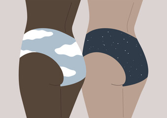Day and night, sporty female bodies wearing casual underwear