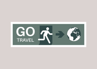 Go travel banner stylized as an emergency exit sign with a character escaping through the door