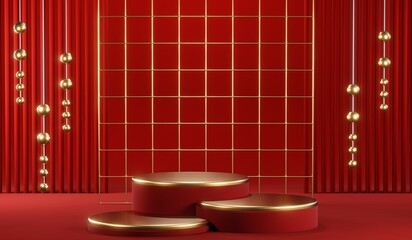 3D rendering of blank product background for cream cosmetics Modern red podium background