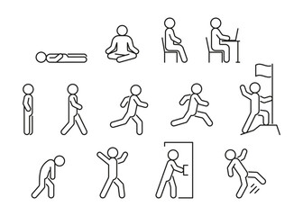 People line icon in different posture, human various action poses. Lie, stand, sit, walk, run, fall. Vector line illustration