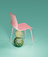 Pink chair with broken leg. 3d render, 3d illustration.