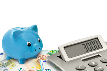 Inflationsprämie 3000 Euro und blaues Sparschwein mit Rechner