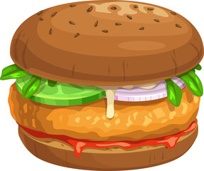 Burger with chop, onion and cucumbers, sesame bun