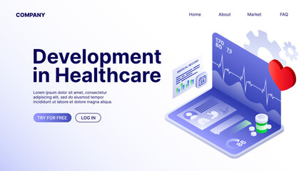 Development in HealthCare Banner. White Landing Page for Website. Vector illustration