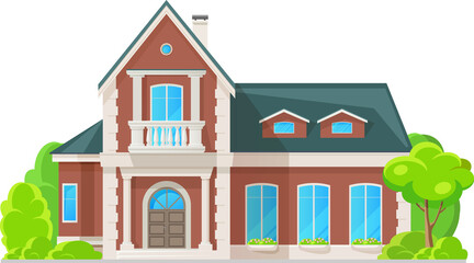 House exterior with chimney pipe, balcony, tree