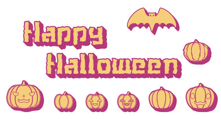 Happy Halloweenの文字やジャックオランタンのイラスト素材セット
