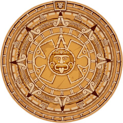 Mayan calendar, vector ancient mexican round stone