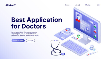 Application for Doctors. Clinics Website Landing Page Template. Vector illustration