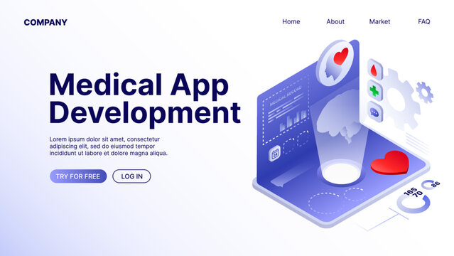 Medical App Development Web Banner. Landing Page Template. Vector illustration