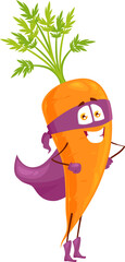 Cartoon carrot super hero isolated vector icon