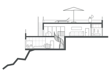 Linear architectural section plane villa on top of a mountain