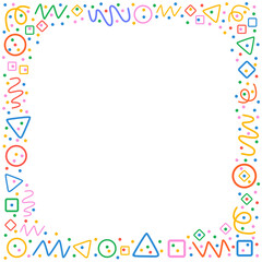 Fototapeta na wymiar Colorful frame pattern. Circles, triangles, serpentine, dots, squares, rhombus and zigzag. Fun colorful line doodle shapes on white background.